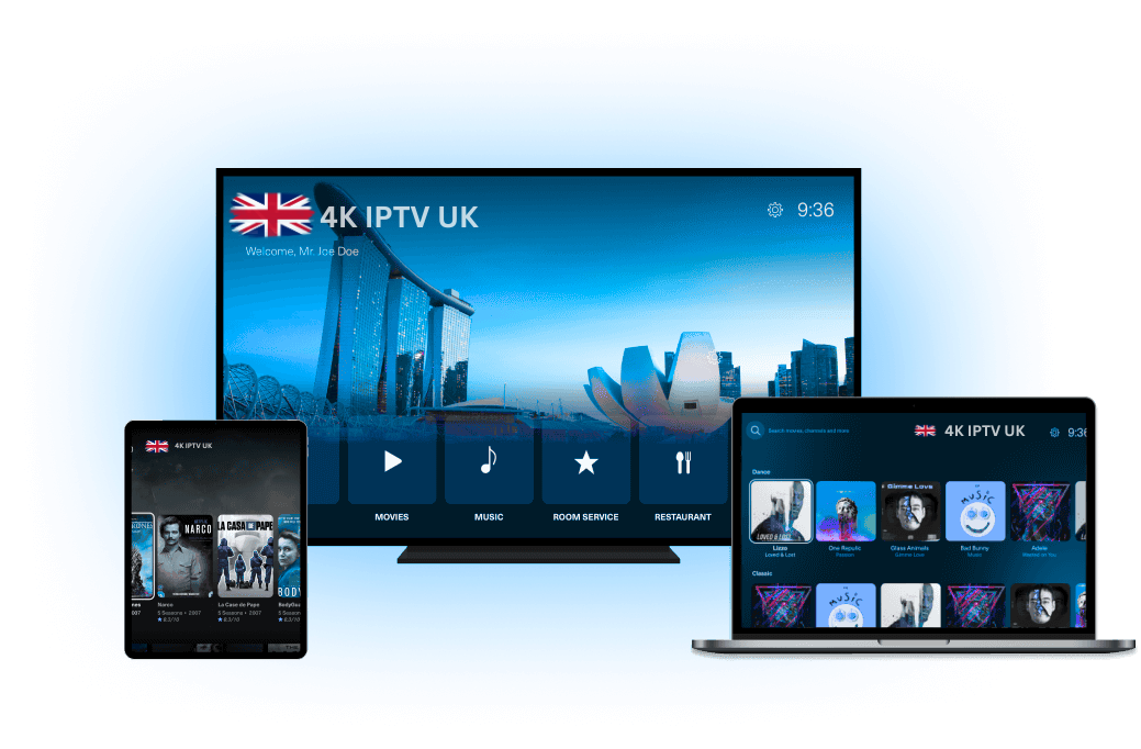 4K Subscription IPTV interface shown on multiple devices like TV, tablet, and laptop